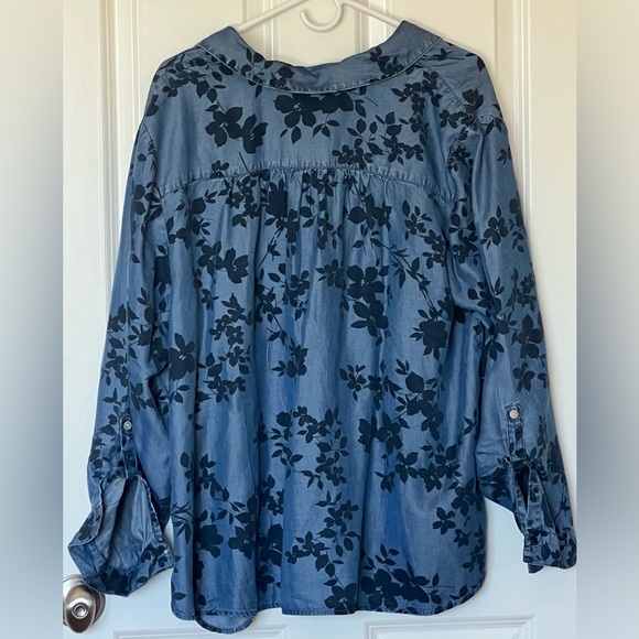 J Jill Women 2X Split Neck Tab Sleeve Popover Chambray Floral Blue Blouse Tencel - Picture 4 of 8